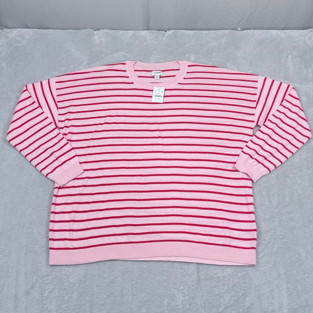 J Crew Dropped Shoulder Crewneck Sweater Womens XL Pink Striped Relaxed Pullover - Picture 2 of 8